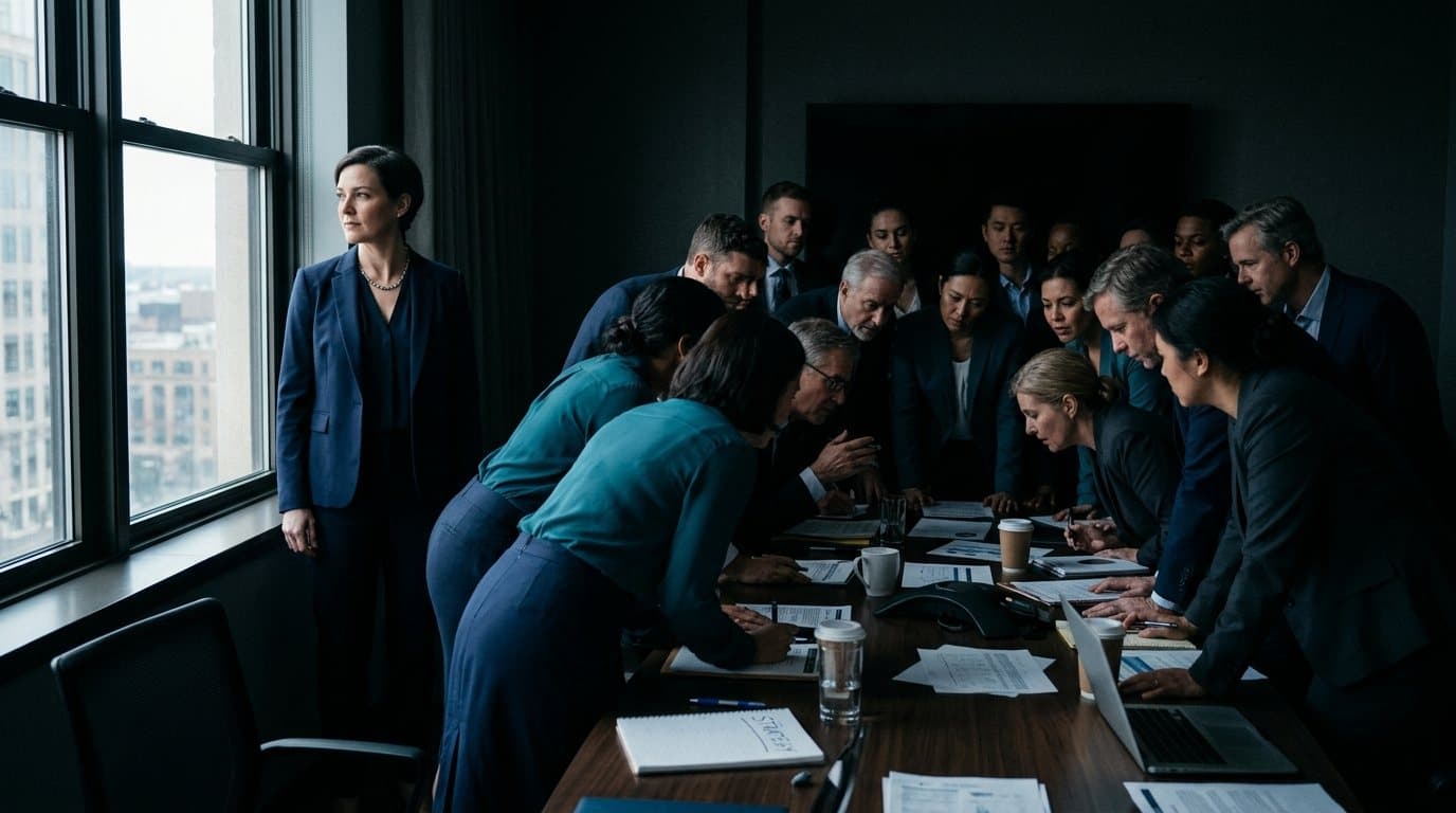 A composed leader sitting still and steady while colleagues around a crisis meeting table appear tense and rushed