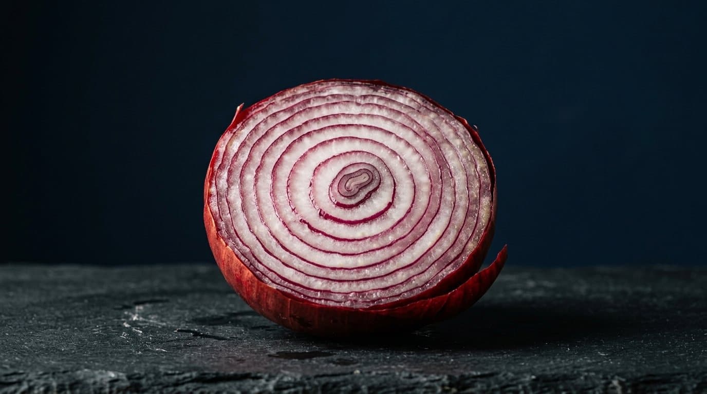 Close-up of translucent onion layers glowing from within, each ring lit softly against a dark navy background.