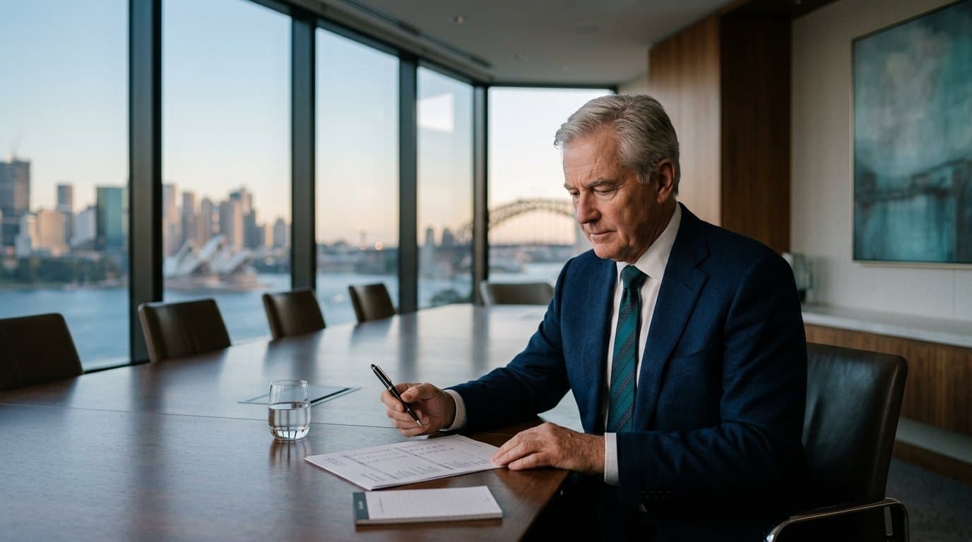 A composed executive delivering a high-stakes statement to a hushed room, warm light against a dark backdrop