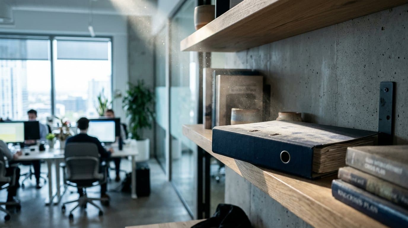 A boardroom crisis communication plan binder sitting closed and dusty on an office shelf