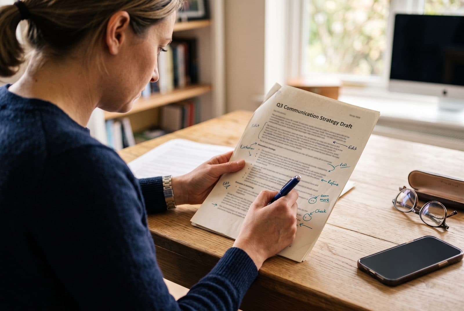 A communications professional marking up a printed draft document with a pen