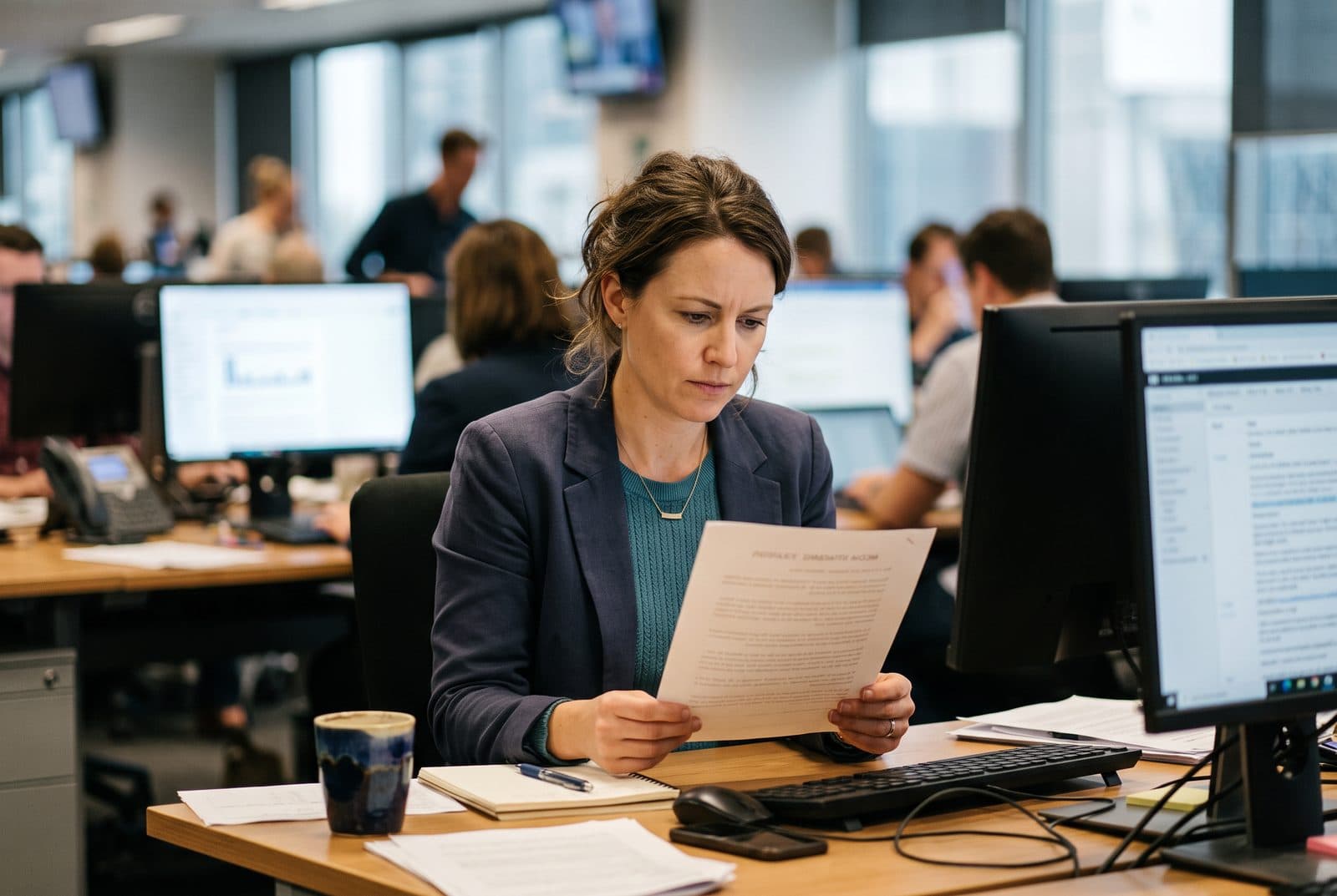 A journalist at a busy news desk reading a printed media statement