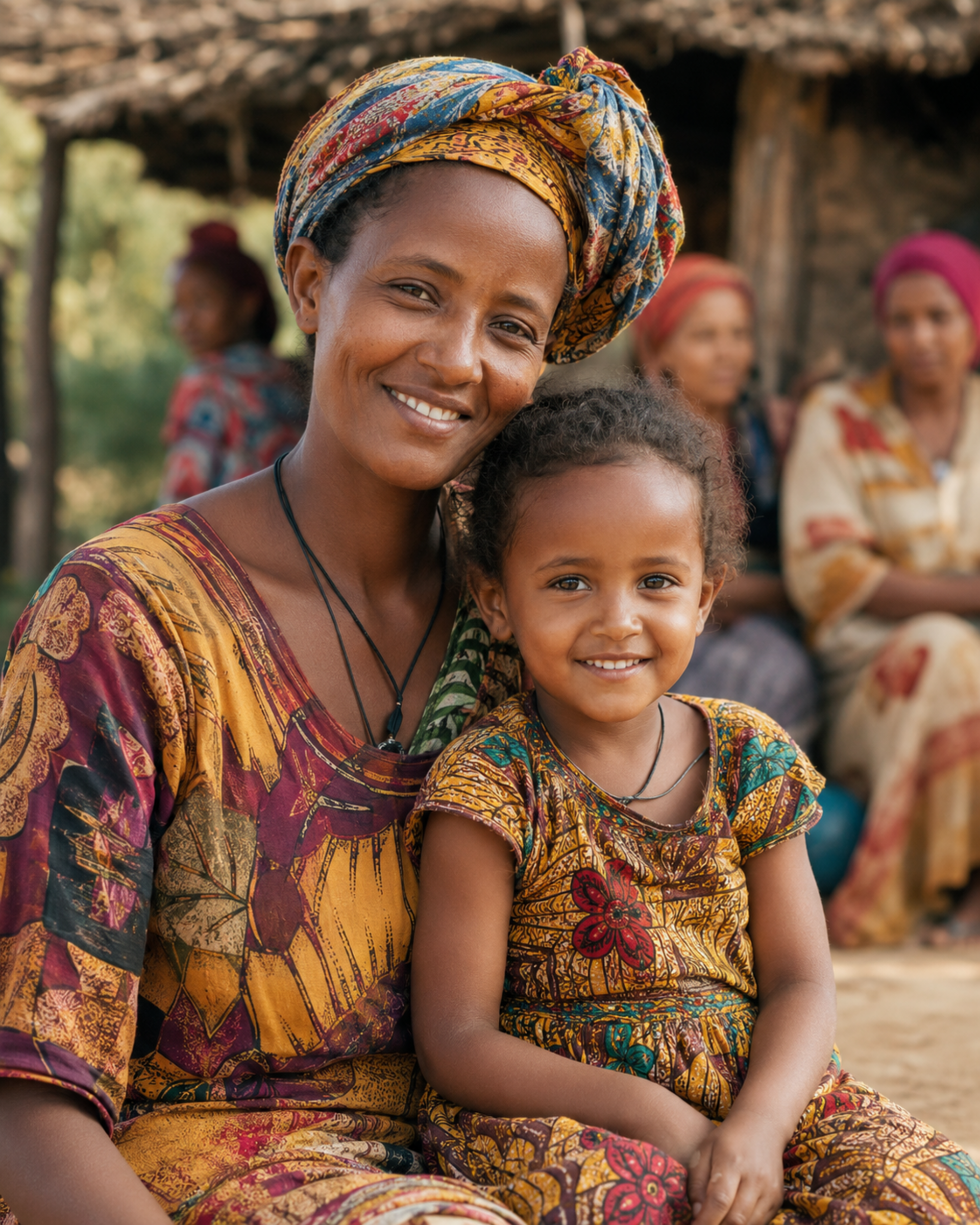 Ethiopian woman caregiver with child, smiling with hope and dignity