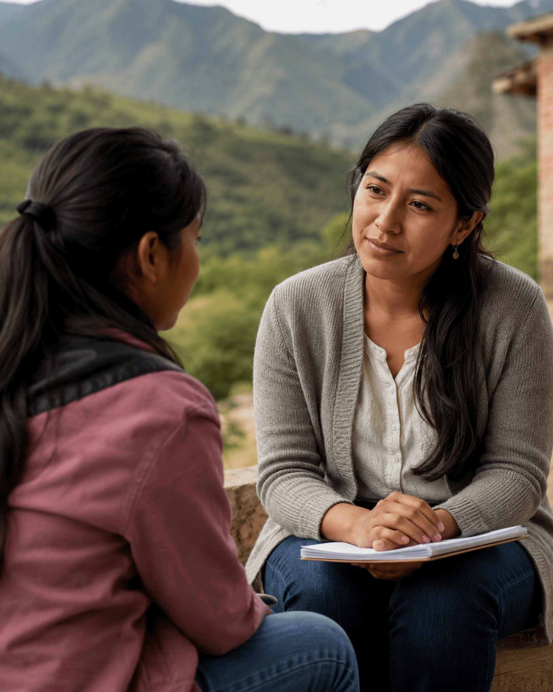 Peruvian counsellor and young person in supportive conversation