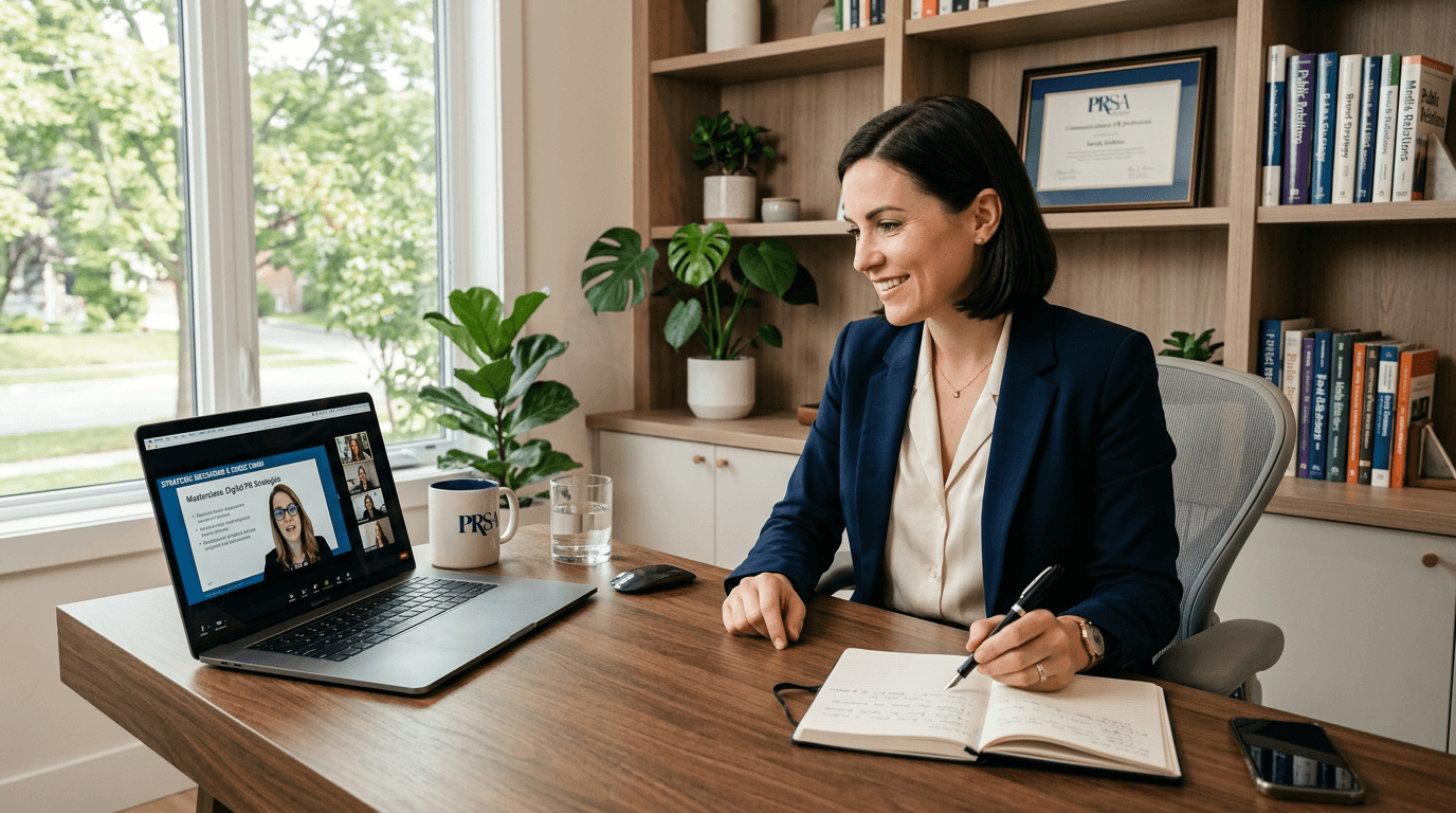 PR professional participating in an online crisis masterclass via laptop