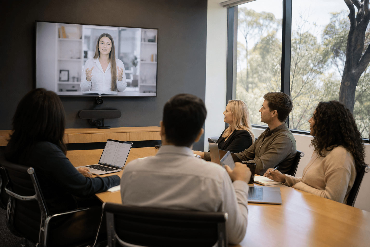 Australian company team learning online PR training in a modern meeting room