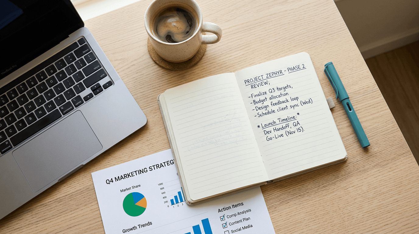 Professional desk with notebook and documents
