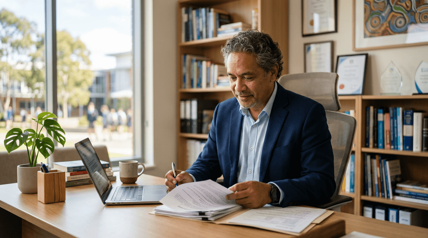 An Australian school principal leading a confident, prepared leadership team.